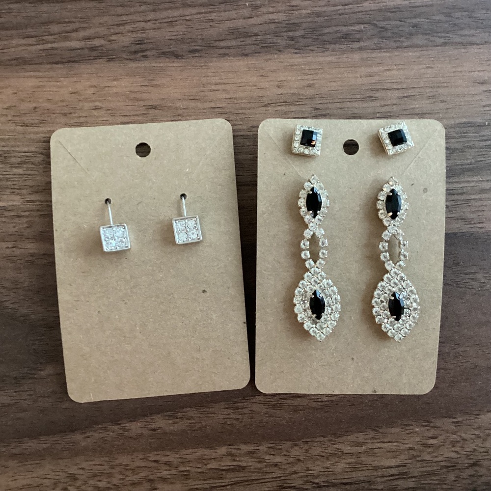Lot Of 3 Silver Tone Rhinestone Earrings Stud Drop Black Formal Party Jewelry